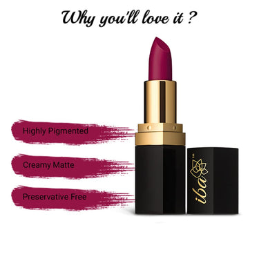Iba Long Stay Matte Lipstick for Women- M04 Wild Magenta, 4g | Creamy Matte Finish & Smooth Texture| Long-Lasting | Hydrated Lips | Enriched with Vitamin E| Intense Colour & Highly Pigmented | Lip Makeup